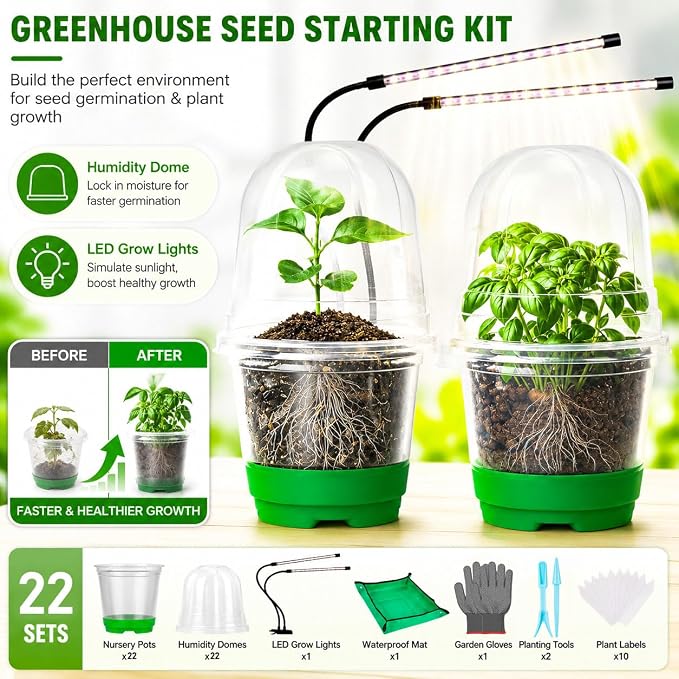 59Pcs Clear Nursery Pots Kits with Grow Light Includes 22 Pack 4'' Seed Starter Pots with Silicone Base & Lids, Clear Plant Pots for Propagation, Seedling Pots Kit with Drainage, Labels, Repotting Mat