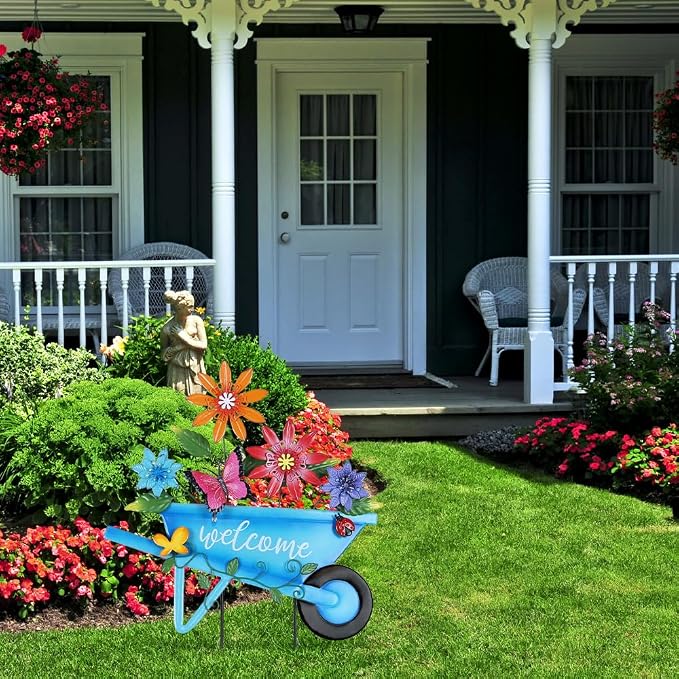 YEAHOME Garden Decor for Outside, 25” Decorative Garden Stakes Metal Wheelbarrow with Flowers for Spring Decor, Butterfly Cart Welcome Yard Signs for Outdoor Lawn Backyard Porch Pathway Decorations