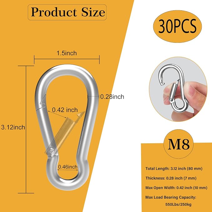 Heavy-Duty Carabiner Clip 1.57"–5.5", Black/Silver Spring Snap Hook, Quick Link Keychain Clip for Keys, Swing Set, Camping, Fishing, Hiking & Traveling (120–1350 lbs)