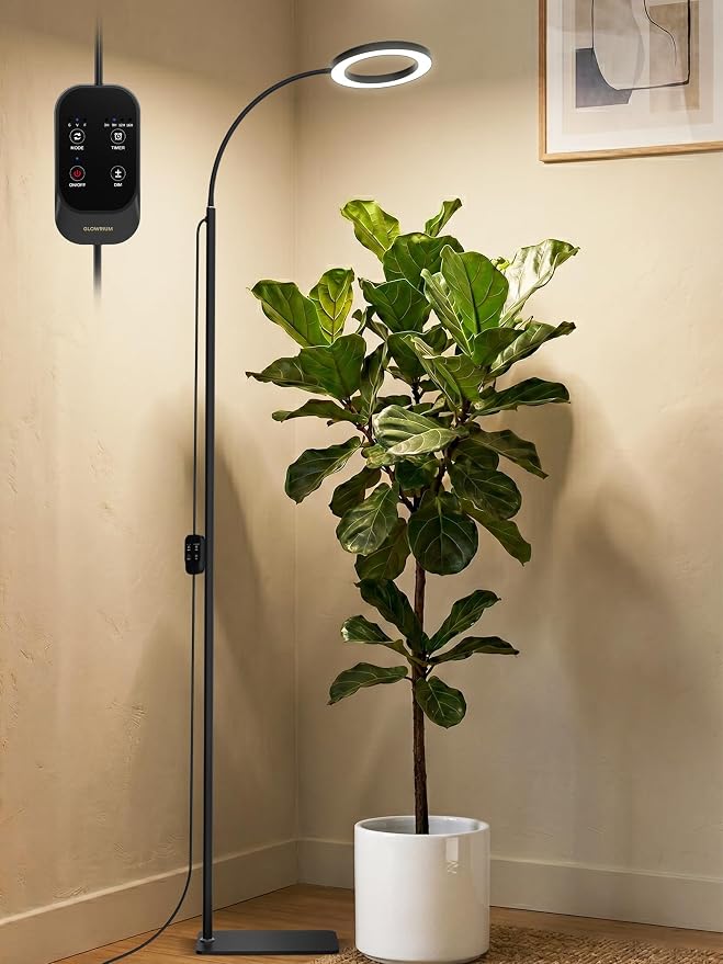GLOWRIUM Grow Lights for Indoor Plants, Full Spectrum LED Grow Light, Stepless Dimming,3 Lighting Mode and Adjustable Height, Plant Light with 3/9/12/16H Timer (Black, Single Head)