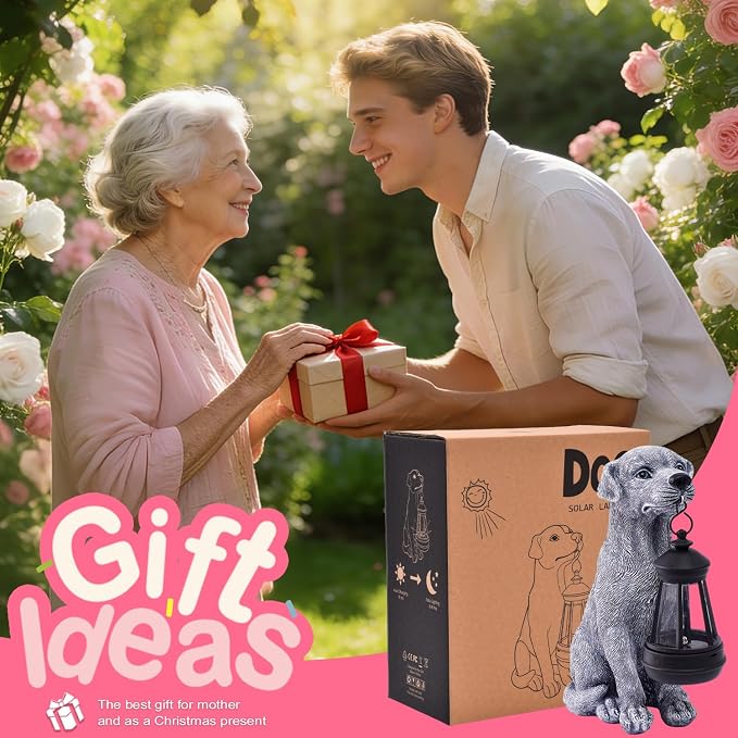 Goodeco Dog Statue with Solar Lantern - Cute Garden Dog Figurines | Weather-resistant resin for patio, yard & pathway, great gift for dog lovers, mom, grandma & pet memorial