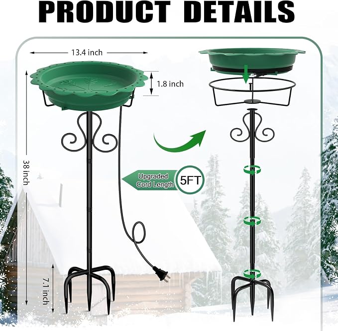 Heated Bird Baths for Outdoors, 100W Heated Birdbath Bowl for Outdoors for Winter with 5-Prong Metal Base Thermostat Control, Heated Bird Bath for Outside Winter Garden Patio Yard Lawn (Green)