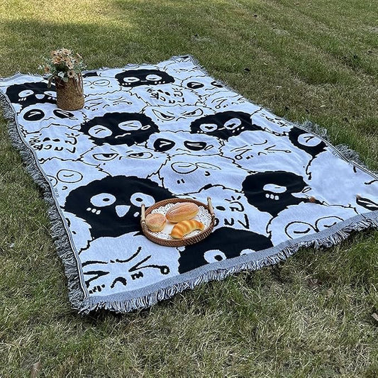 White Picnic Blanket, Extra Large Soft Cotton Gauze Picnic Rug 71"x71", Lightweight Breathable Blanket, Machine Washable for Beach, Camping, Park, Couples (Playful Faces - No Straps)