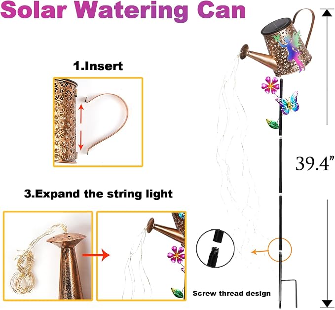 Solar Watering Can with Lights Outdoor Garden Decor, 41in Large Fairy Garden Stake Lights, Waterproof Decoration for Yard Lawn Pathway, Gifts for Mom Grandma Women Birthday Gardening Gift
