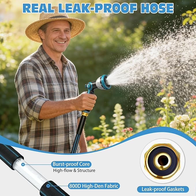 Halfjuly Garden Hose 50FT, Flat Non-Expandable Lightweight Water Hose, Durable Flexible Heavy Duty No Kink Design with 3/4" Fittings, 10 Way Spray Nozzle for Outdoor Yard Lawn