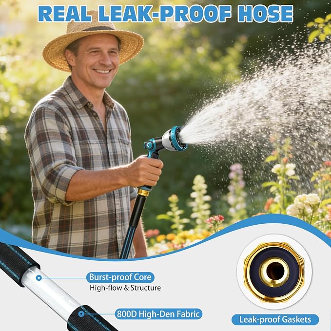Halfjuly Garden Hose 25FT, Flat Non-Expandable Lightweight Water Hose, Durable Flexible Heavy Duty No Kink Design with 3/4" Fittings, 10 Way Spray Nozzle for Outdoor Yard Lawn