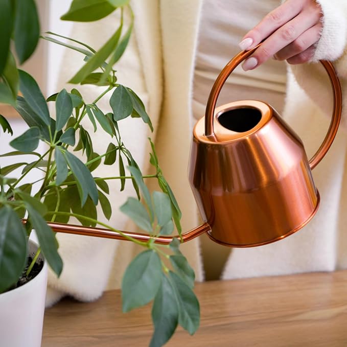 Plexon Rose Gold Metal Watering Can Indoor Plants 40 oz, Stainless Steel Long Spout Watering Can Outdoor House Plant Flower, Garden