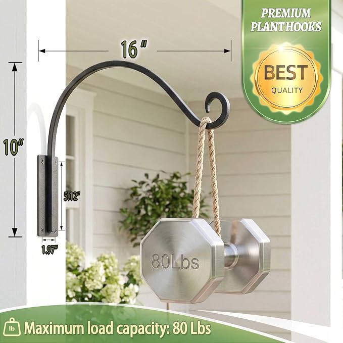 Lifyzoon Heavy Duty Plant Hanger Bracket: 2 Packs 16 Inch Metal Hanging Plant Bracket, 80lbs Weight Capacity - Hanging Plant Wall Hooks for Bird Feeder, Wind Chimes, Flower Baskets, Indoor Outdoor