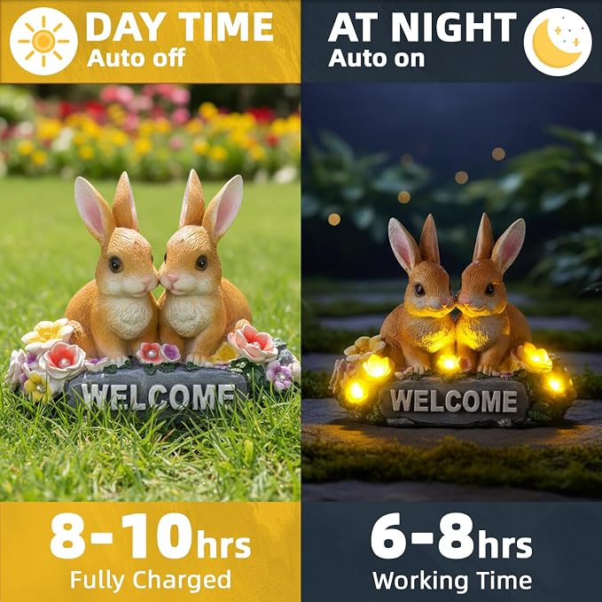 Solar Rabbit Garden Statue 5.9" Resin Bunny Statue with Welcome Sign Rabbit Figurines Light Decorations for Patio Yard Lawn Ornaments Easter Housewarming Birthday Gifts for Women Mom Grandma Wife