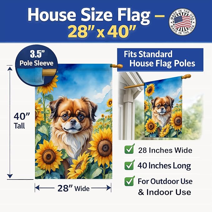Caroline's Treasures DAC6167CHF Tibetan Spaniel in Sunflowers House Flag Large Porch Sleeve Pole Decorative Outside Yard Banner Artwork Wall Hanging, Polyester, House Size, Multicolor