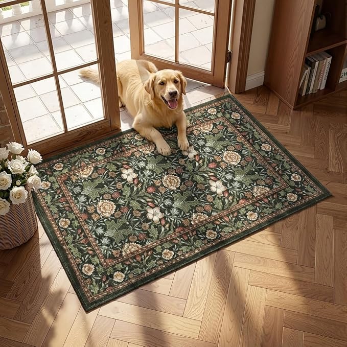 GarveeHome Small Forest Green Entryway Rug, 2x3 Washable Front Door Rug Indoor Entrance Floral Carpet Non-Slip Low Pile Throw Rugs for Kitchen Floor, Powder Room, Entry, Bathroom, Kids Room