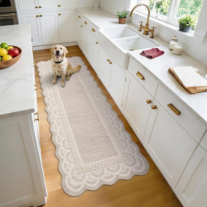 Garvee 2x6 Washable Scalloped Lace Runner Rug, Soft Rugs for Hallway Beige | Non Slip Entryway Rug, Scalloped Rug for College Playroom Kids Girls Room, Non-Shedding Low Pile Rugs Runner for Bedroom