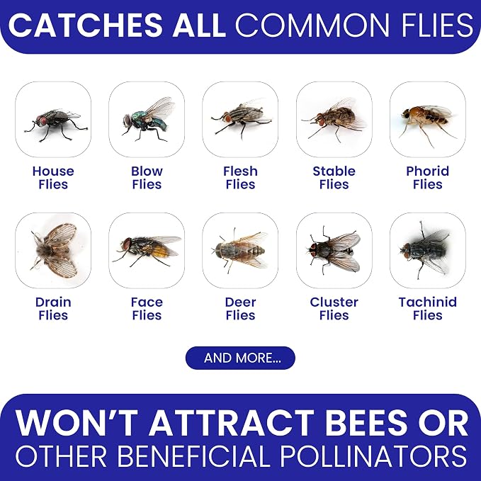 Fly Traps Outdoor Fly Trap for Patio. 4 Non-Toxic Pre-Baited Flies Bags Outdoor Disposable. Hanging Bug Catchers for All Filth Flies Killer for Outside Bug Control in Yard Horse Ranch Trash Can.