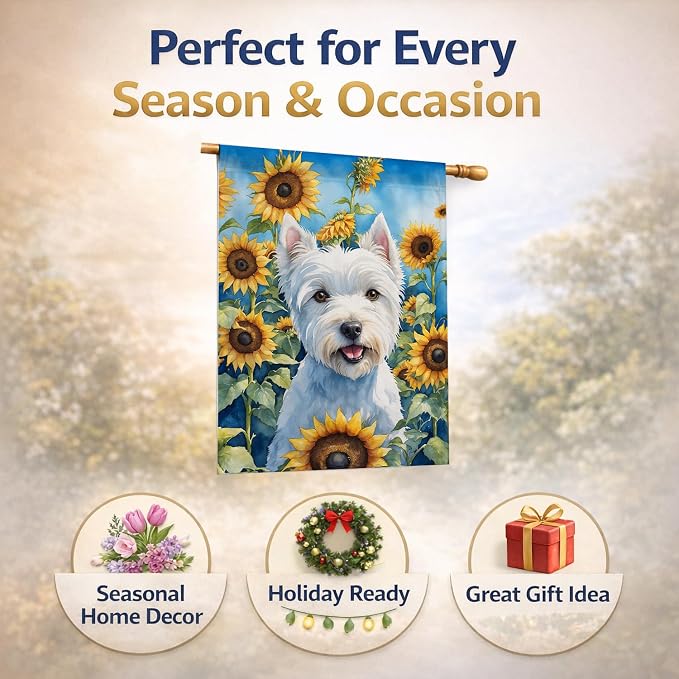 Caroline's Treasures DAC6173CHF Westie in Sunflowers House Flag Large Porch Sleeve Pole Decorative Outside Yard Banner Artwork Wall Hanging, Polyester, House Size, Multicolor