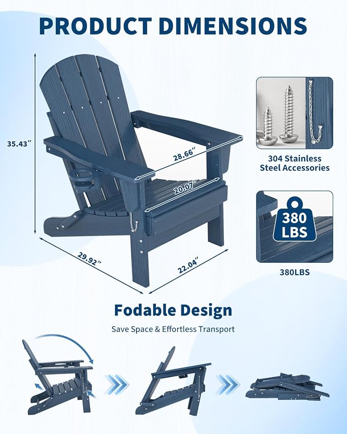 Folding Adirondack Chair Set of 5, All-Weather HDPE Outdoor Chair, Wooden Textured with Cup Holder for patios, Decks, Gardens, fire pits, Navy Blue