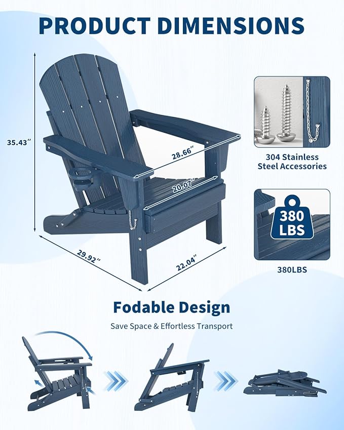GarveeLife Folding Adirondack Chair Set of 4 with Ottoman, All-Weather HDPE Outdoor Chair, Wooden Textured with Cup Holder for patios, Decks, Gardens, fire pits, Navy Blue