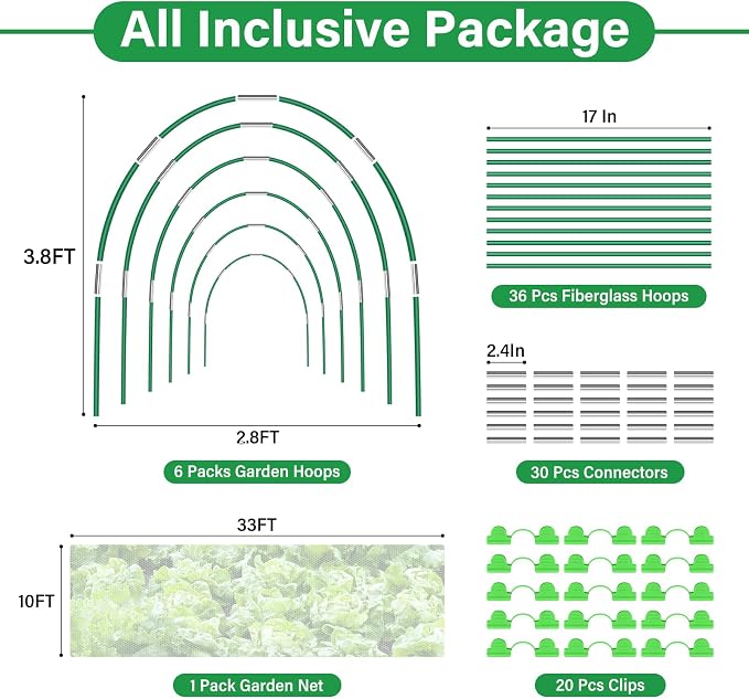 Garden Mesh Netting Kit for Raised Beds, 10x33FT Ultra Fine Mesh Netting&6 Sets 8FT Fiberglass Garden Hoops, Insect Netting Row Cover, Pest Barrier Protection for Vegetable Fruits Flowers