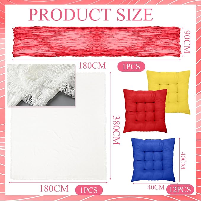 Extra Large Outdoor Picnic Blanket with Table Runner and Floor Pillow Cushion for Picnic Wedding Birthday Baby Shower Backyard Decor(91 x 71'',Deep Blue,Red,Lemon Yellow,8 Pcs)