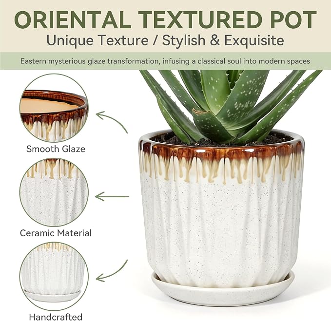 7.5 Inch Ceramic Planter Pot with Saucer Drainage Leak-Proof Mesh,Flower Pots for Indoor Plants with Gardening Gloves,Ceramic Planter(Linen White)