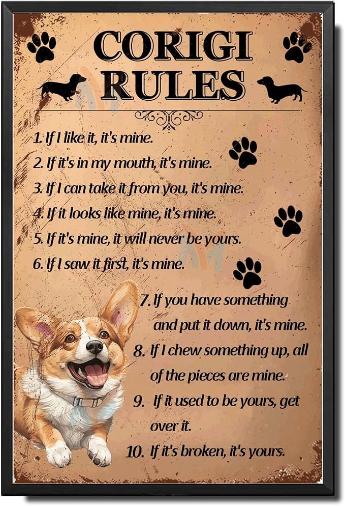 Metal Sign Tin Sign Vintage Wall Art Corigi Rules Wall Art for Restaurant 12×16 Inches with Metal Frame