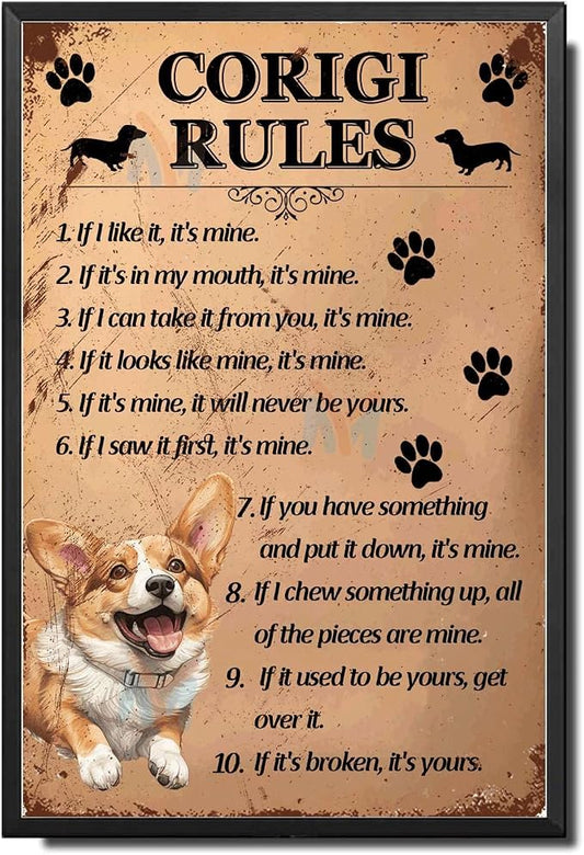 Metal Sign Tin Sign Vintage Wall Art Corigi Rules Wall Art for Restaurant 12×16 Inches with Metal Frame