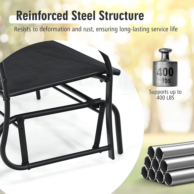 Tangkula 2-Person Patio Glider Bench, Outdoor Rocker Glider Loveseat Chair W/Heavy-Duty Steel Frame, Breathable Seat Fabric, Rocking Lounge Chair for Poolside, Garden, Backyard (Black)