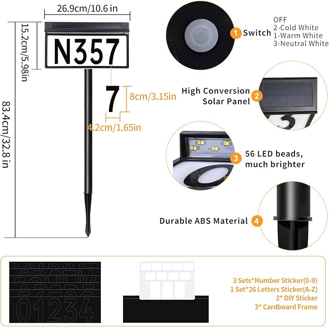 Solar House Numbers Sign, 56 LEDs 3-Color Adjustable (Warm/Cool/Natural White), IP65 Weatherproof, 2000mAh Battery Solar Address Sign for Home Mailbox Driveway Garden