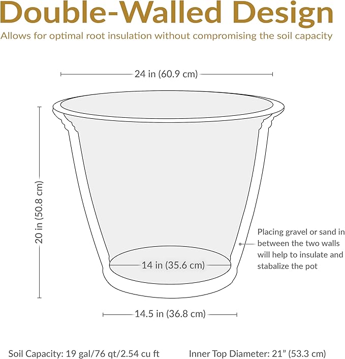 Sunnydaze 24-Inch Anjelica Large Plastic Pot for Plants - Outdoor Double-Walled Large Plastic Planter with Drillable Drainage Holes - Sable - 4pk