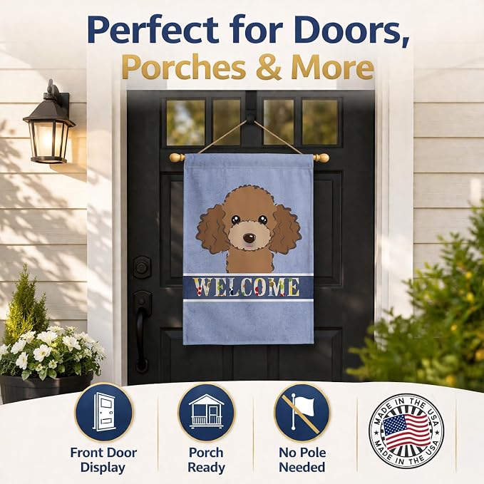 Caroline's Treasures BB1442CHF Chocolate Brown Poodle Welcome House Flag, Blue Large Porch Sleeve Pole Decorative Outside Yard Banner Artwork Wall Hanging, Polyester, House Size, Multicolor