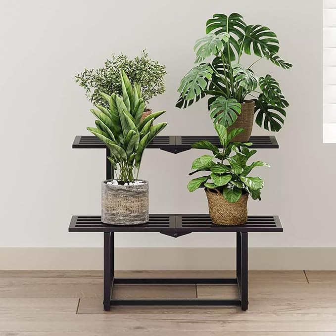 Plant Stand Indoor Outdoor, Foldable Metal Plant Shelf for Multiple Pots, Vintage Slatted Design, Suitable for a Variety of Houseplants and Gardens, Heavy Duty Capacity 330 lbs 2 Tier Black