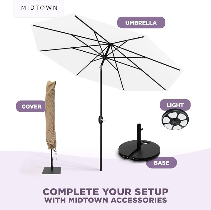 Midtown Umbrellas - 10-Year-No-Fade 8 Ft Patio Umbrella with Terylast Fabric, Auto-Tilt Aluminum Frame and 8 Reinforced Ribs for Deck, Pool, Garden & Beach - Ivory White Canopy, Black Pole