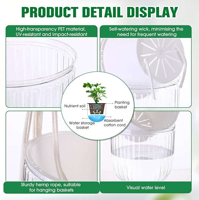 Hanging Planter Set of 6 Self Watering Indoor Flower Pots with Water Level Indicator Modern Plant Hangers for Indoor Garden Decor Balcony Apartment Boho Home Decoration Easy Care(White)