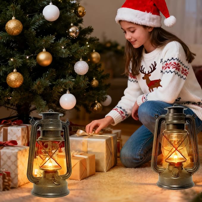 2 Pack LED Vintage Lantern Battery Powered Lanterns with Flame Wick Waterproof Camping Lamp Vintage LED Flame Lamp Hanging Lantern Lights Landscape Patio Garden Pathway Decor for Indoor/Outdoor Use