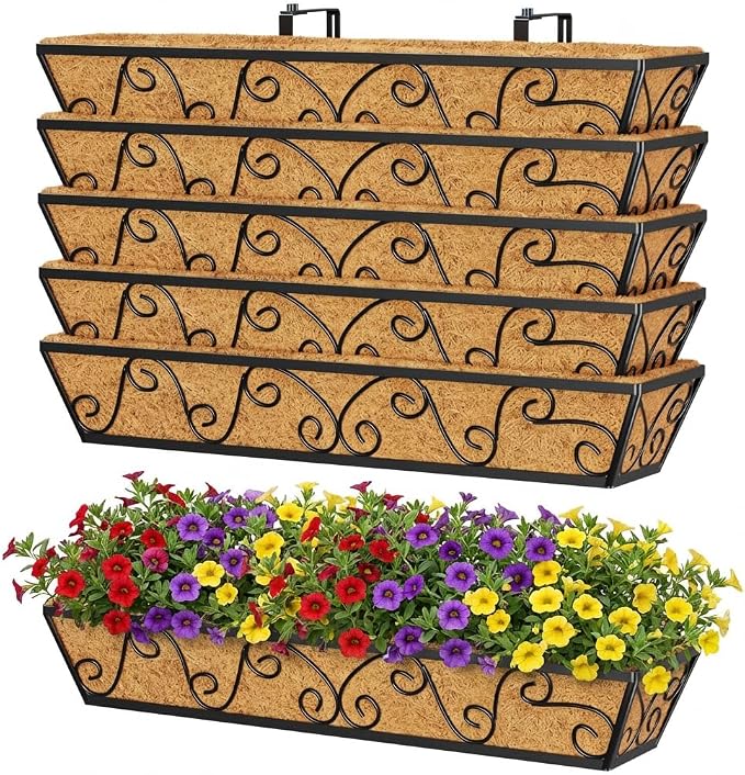 Y&M 30 Inch Butterfly Window Box Planter. Railing Planters for Outdoor Plants, Over the Railing Planter Boxes & Wall Mount, Rust-Resistant Steel with Coco Coir Liner for Balcony, Deck - 6 PCS