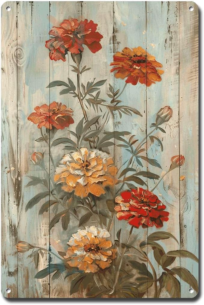 Metal Sign Tin Sign Vintage Wall Art Rustic Symbol Marigolds Tin Sign for Easy Installation Weather Resistant Design and Vintage Charm Boho Office Decor for Bar 6×8 Inches