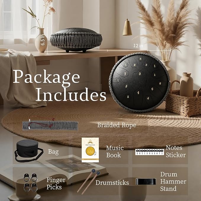 Rain Drum for Outside, 12 Inch 15 Notes Steel Tongue Drum, D Major Percussion Instrument with Soft Bag, Mallets & Music Book, Zen Garden Decor for Meditation, Yoga & Sound Healing (Black)