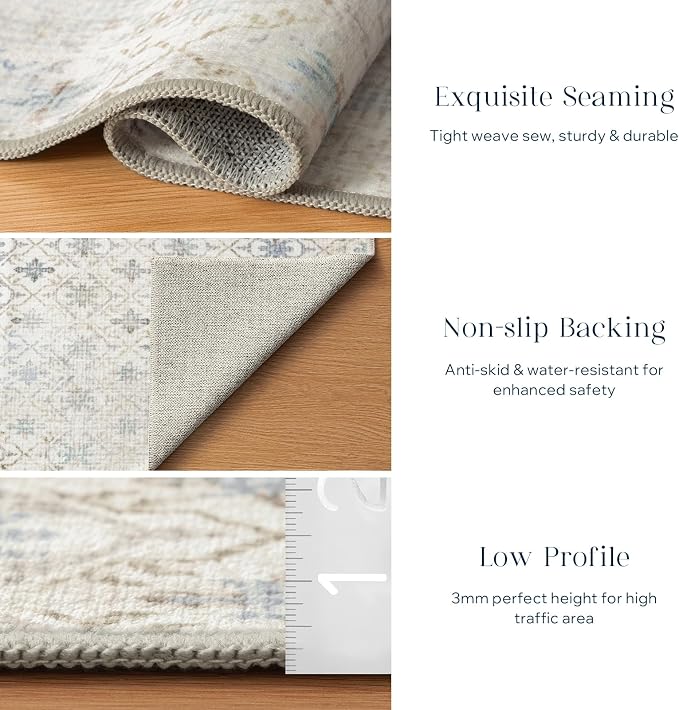 Phantoscope Geometry Collection Area Rug 5'x7' for Living Room - Washable Rug Large Boho Carpet Non-Slip for Bedroom Dining Room, Indoor Low-Pile Neutral Distressed Accent Rug, Teal Floral/Beige