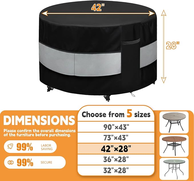 Round Patio Furniture Cover Black&Grey for 42 D x 28 H Inch | Waterproof Up to 10000pa Durable Outdoor Round Table Covers