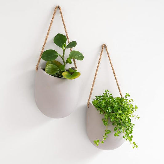 Kazai. Wall Planters -Ellie- | Hanging Ceramic Plant Pots 2 Pieces | Wall Decoration for Indoors, Balcony and Garden | Light Grey (Matte)