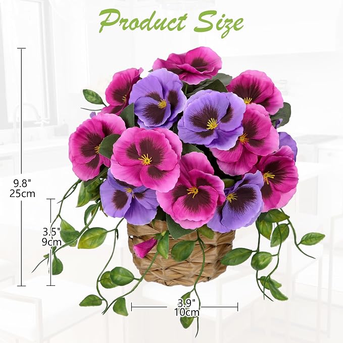 Briful Artificial Pansy Flowers in Baskets, 2PCS Realistic Fake Flowers for Farmhouse Table Decor, All Seasons Faux Indoor Flowers for Home Kitchen Living Room Dining Shelf Decor, Purplish-red