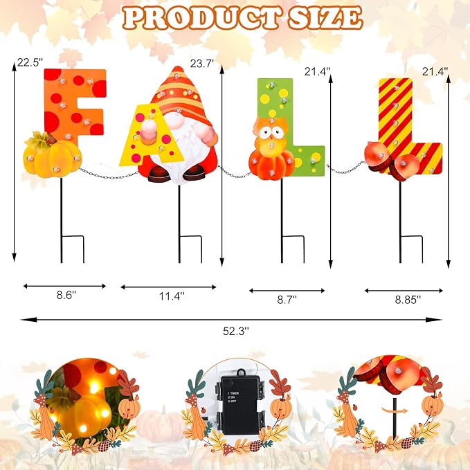 Fall Yard Decor Outdoor Autumn Harvest Garden Stakes with LED Light Squirrel Gnome Letter Pumpkin Yard Sign with Stakes Fall Thanksgiving Decoration for Home Outside Lawn Garden Holiday Decor