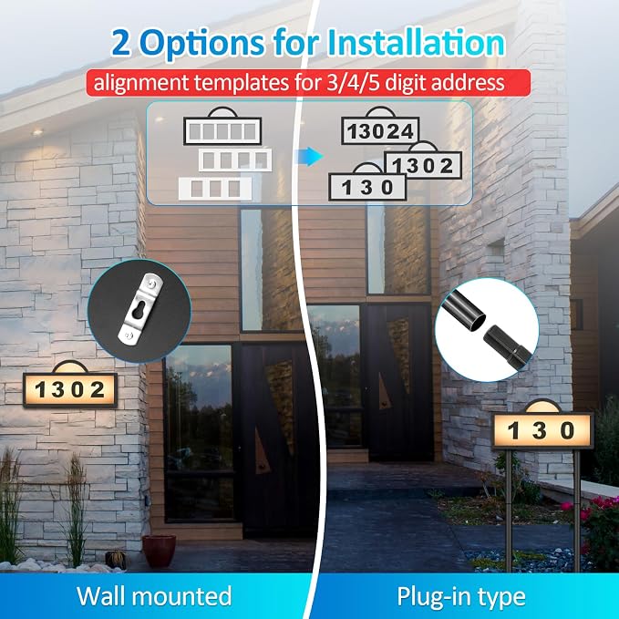 Solar Address Signs for Yard, Solar Powered Address Sign with Warm White & Cold White, IP65 Waterproof Solar House Numbers for Outside, LED Illuminated Plaques Wall Mounted & In Ground