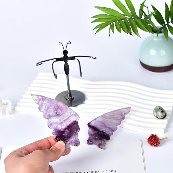 JIC Gem Purple Fluorite Crystals and Stones Crystal Butterfly Art Angel Wings Sculpture Carving,Healing Crystal Ornaments Energy Decorative Stone Reiki Gifts (1pair, 10cm)