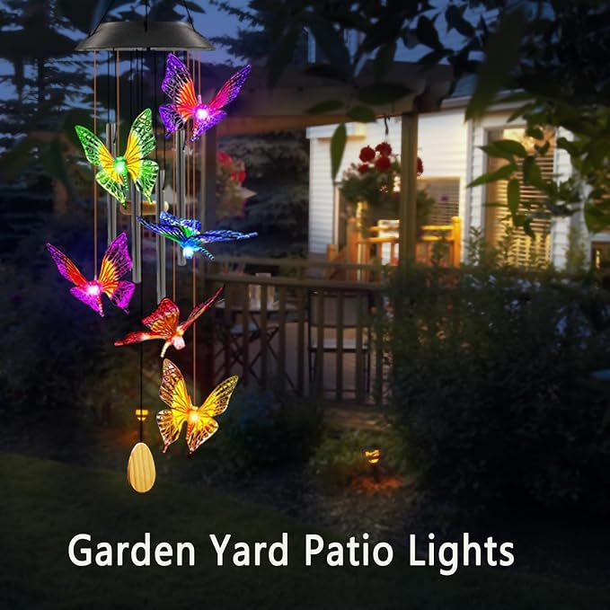 Solar Butterfly Wind Chime | Hanging Solar Decorative Lights Outdoor for Garden Porch Balcony, Birthday Gifts for Women, Moms, and Grandmothers