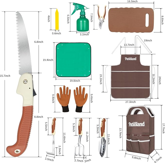 Brown Gardening Sets 26-Piece, Gardening Kit with Non-Slip Ergonomic Handle, Storage Handbag, Gardening Gloves, Apron and Repotting Mat, Gardening Gift for Women Men