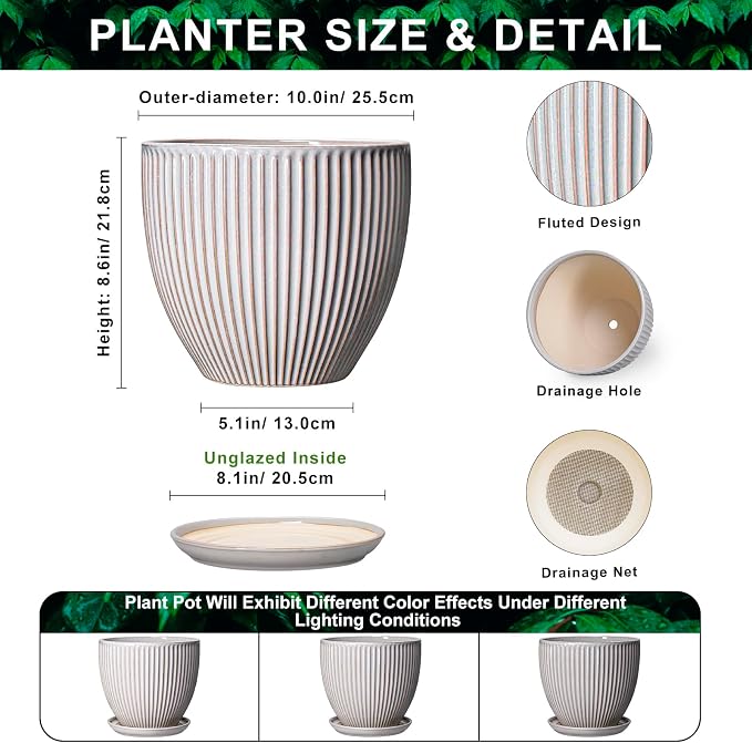 10 Inch Pots for Plants Indoor, Ceramic Planters with Drainage Hole and Saucer, Round Large Plant Pots for House Plants, Decorative Flower Planter, Porch Decor, Plant Lover Gifts, Grey
