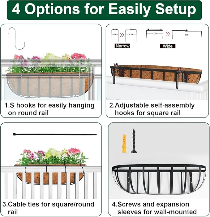 DUNCHATY 24 Inch Railing Planter 3 Pack - Adjustable Metal Window Box Planter with Coco Liner for Deck Balcony Porch Fence - Outdoor Hanging Flower Basket for Herbs & Flowers