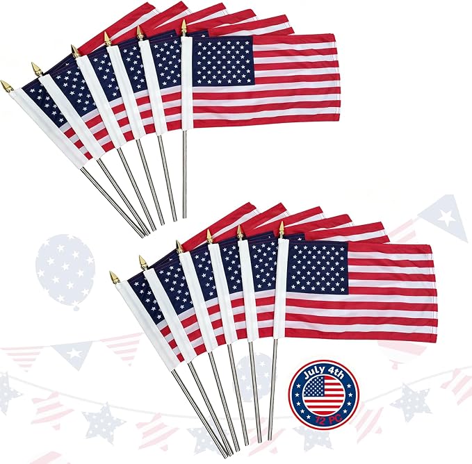 12 Pack Small American Flags on Stick, 8x12 Inch Mini Handheld USA Flags with Stainless Steel Pole, 4th of July US 250th Anniversary Decorations, Memorial Day Outdoor Decor