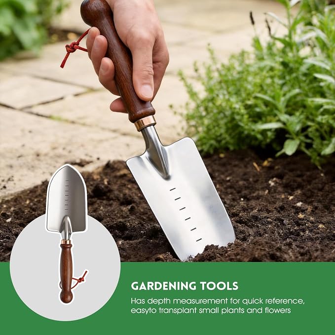 Garden Tools, 4 Pack Garden Shovel with Wooden Handles Hand Tools with Transplanting Hand Shovel, Rake and Root Picker Ideal for Digging and Planting