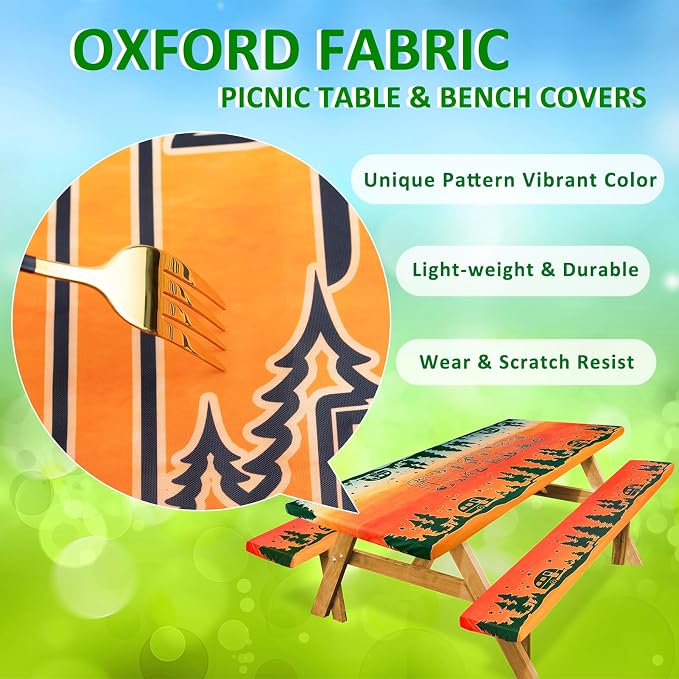 Picnic Table Cover with Bench Covers Camping Essentials Reusable Waterproof Windproof Camping Tablecloth Fitted Rectangle Tables and Seats, 72in, Blue Red Camping